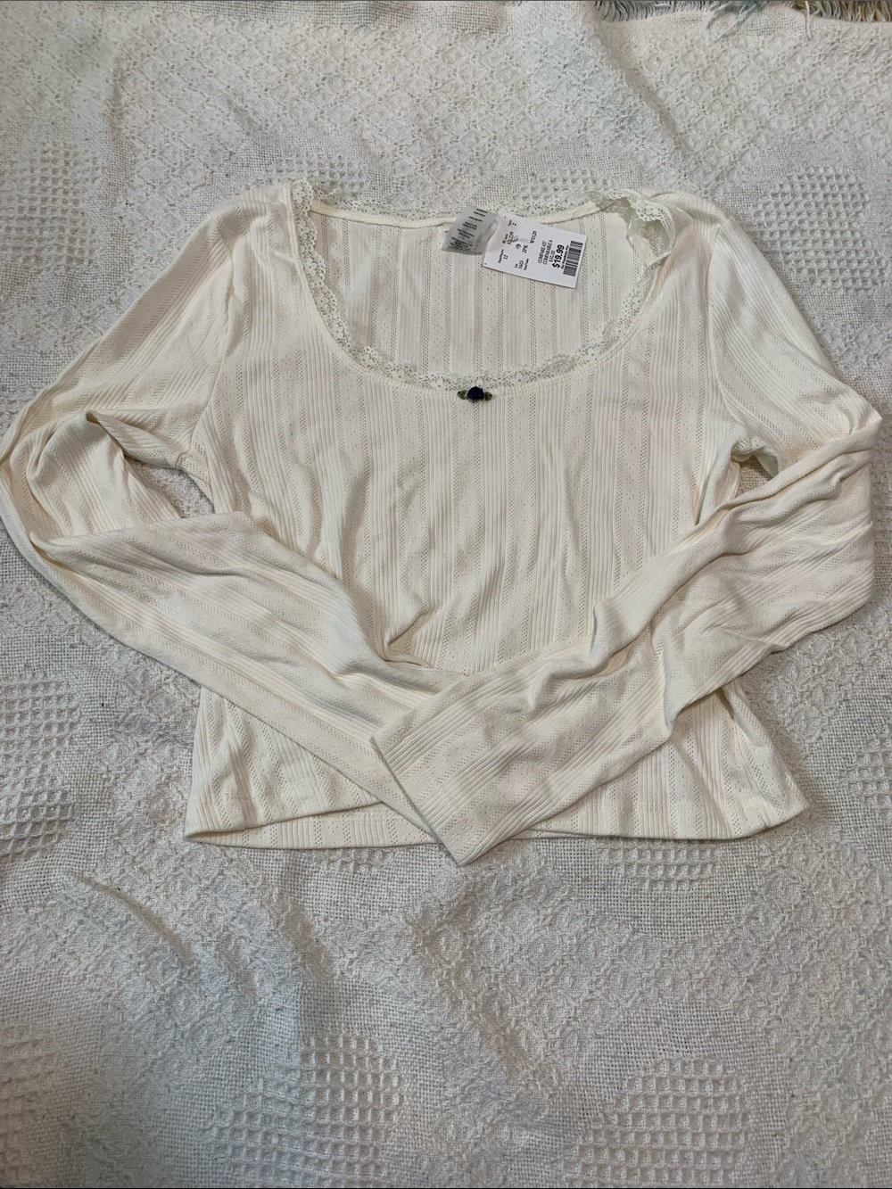 Lace-Trim Ribbed Long-Sleeve Top in Cream